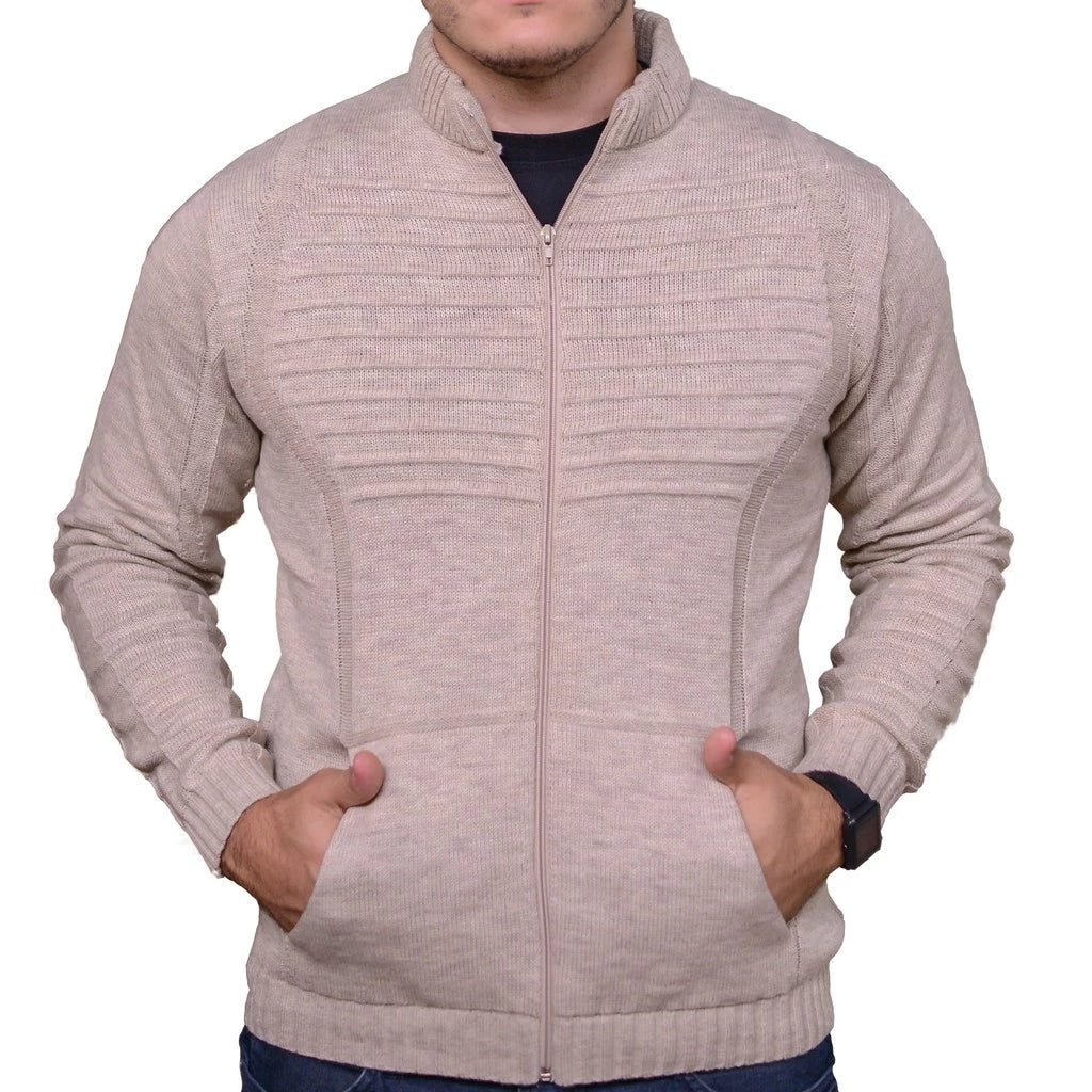 Cardigan Masculino em Tricot com Zíper Frontal e Bolsos