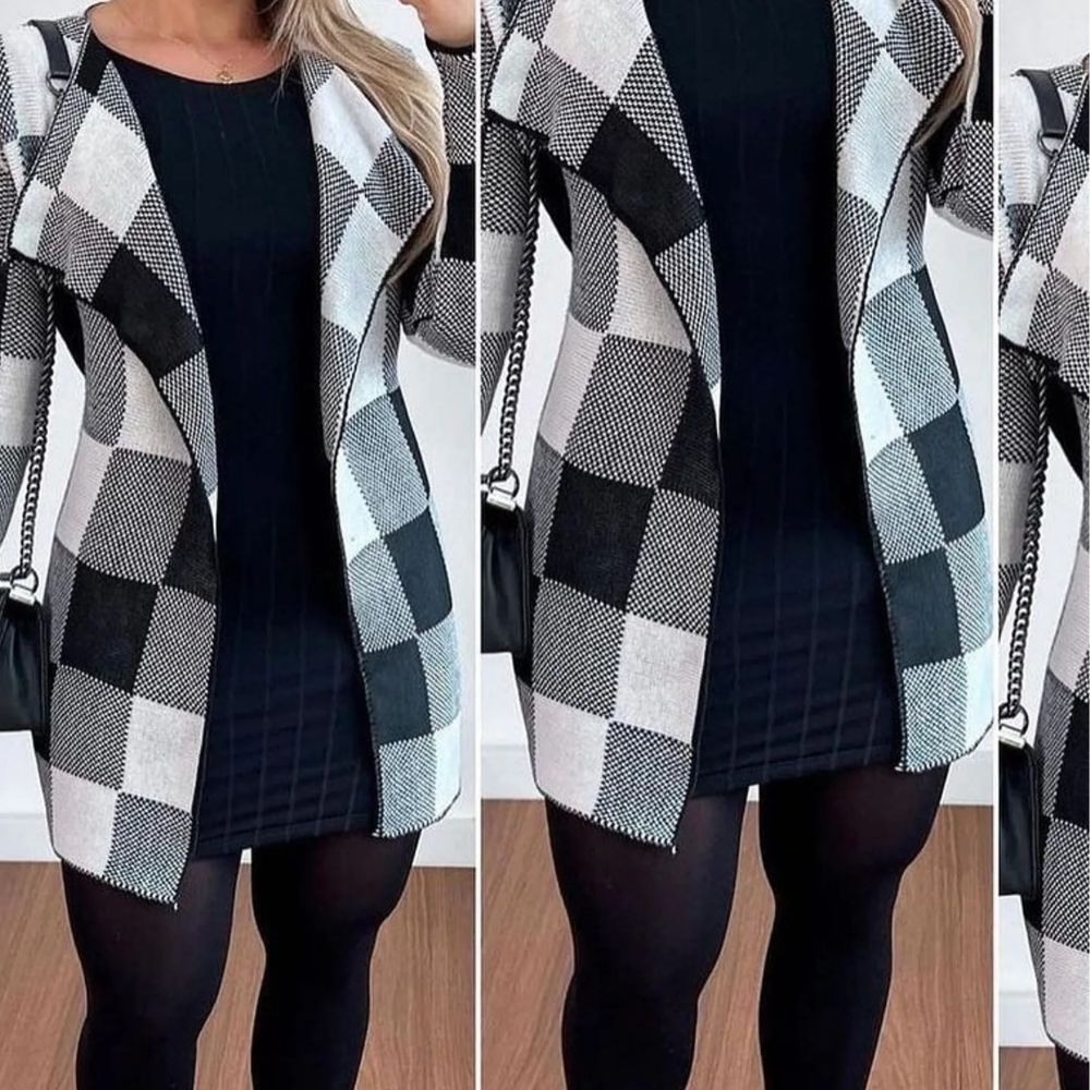 Casaco Feminino Xadrez de Inverno em Tricô com Manga Longa