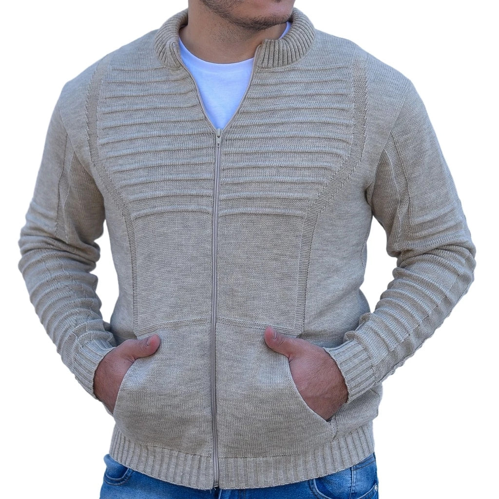 Casaco Masculino de Lã Tricot com Zíper e Bolsos