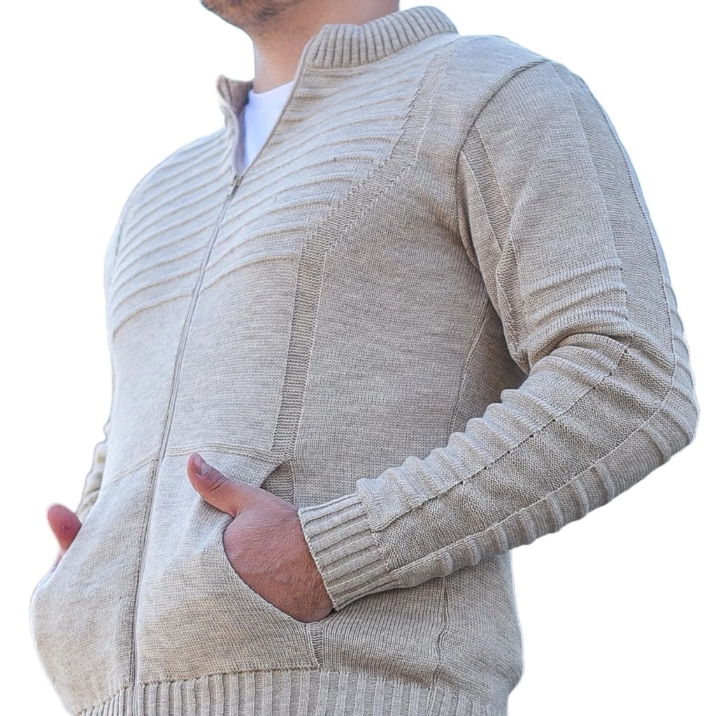 Casaco Masculino de Lã Tricot com Zíper e Bolsos