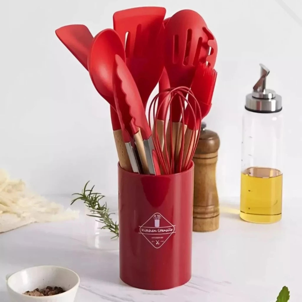 Kit 12 Utensílios de Cozinha em Silicone com Cabo de Madeira
