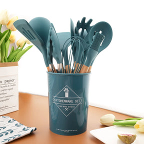 Kit 12 Utensílios de Cozinha em Silicone com Cabo de Madeira