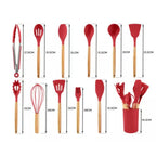 Kit 12 Utensílios de Cozinha em Silicone com Cabo de Madeira