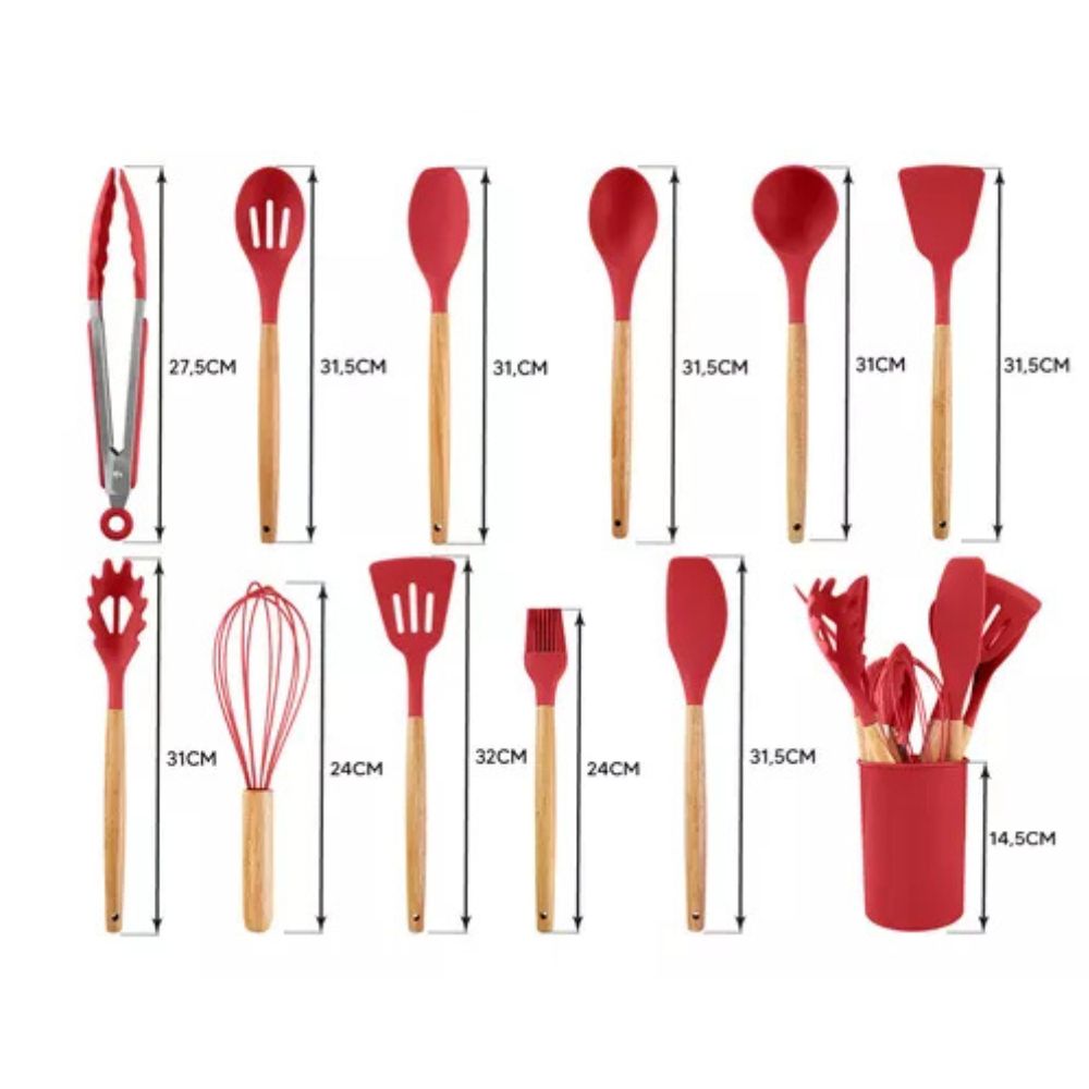 Kit 12 Utensílios de Cozinha em Silicone com Cabo de Madeira