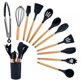 Kit 12 Utensílios de Cozinha em Silicone com Cabo de Madeira